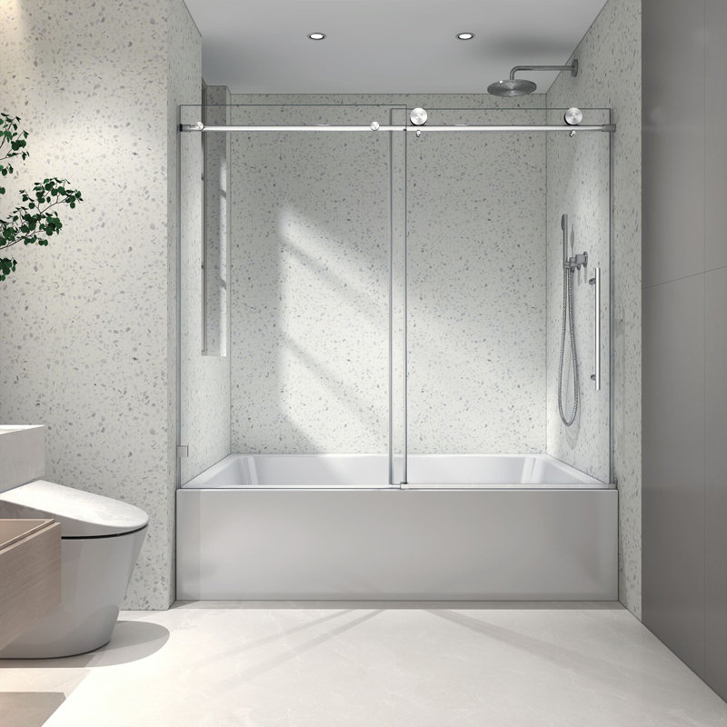 55 to 60 in. W x 63 in. H Sliding Frameless Tub Door with 5/16 Inch (8mm) Thick Tampered Glass, Brushed Nickel