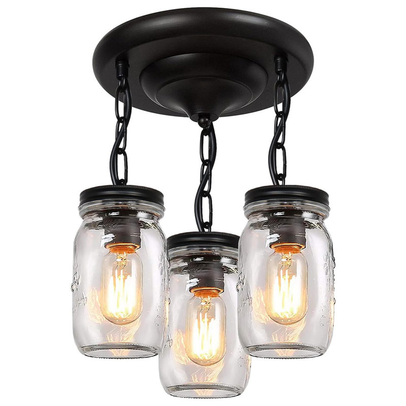 3-Light Mason Jar Pendant Light Fixture, Farmhouse Industrial Clear Glass Pendant Lighting Rustic Ceiling Light