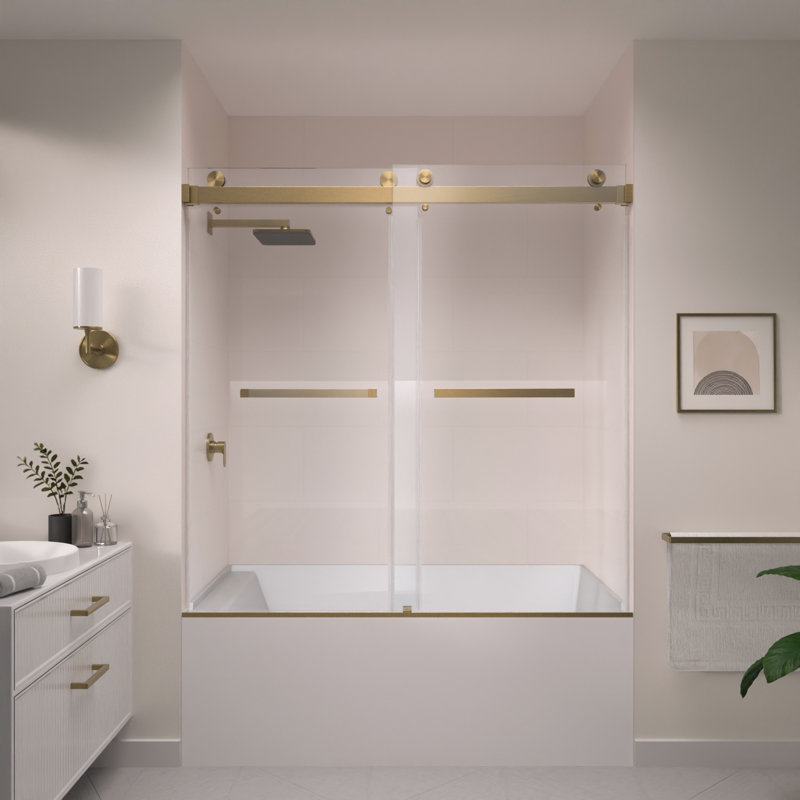 Catalyst 56"- 61" W x 60" H Double Sliding Frameless Shower Door in Brushed Bronze with 3/8" Clear Glass, Brushed Bronze