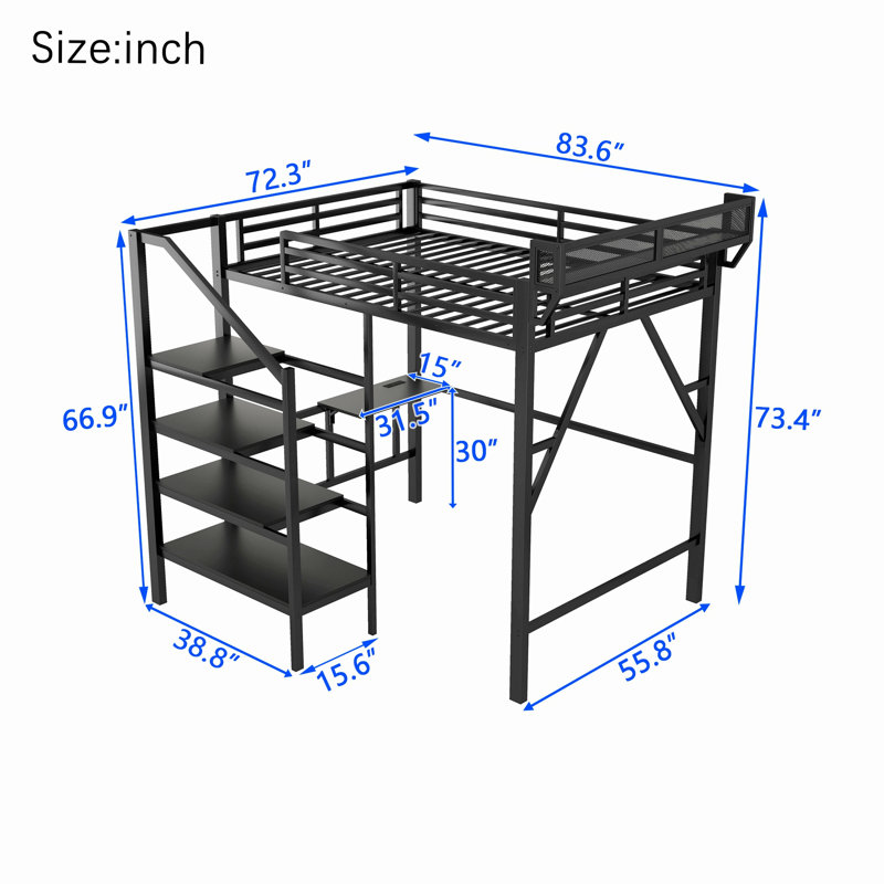 Lit mezzanine avec bureau et station de charge, lit mezzanine en métal avec bande lumineuse et escalier pour enfants, adolescents, adultes