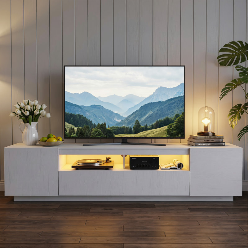 Led Tv Stand,Large Entertainment Stand For Tv Cabinet With Storage Shelves,Sturdy Tv Console For Living Room, Bedroom, White