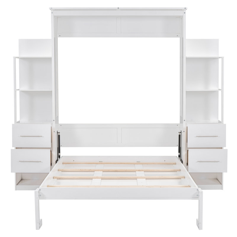 Lit escamotable double pleine grandeur avec tablettes, tiroirs et lumières DEL, blanc, Blanc, Lit double