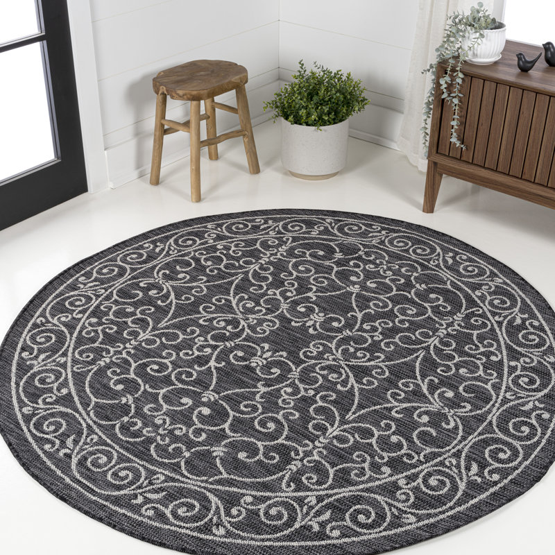 Tapis intérieur / extérieur noir / gris à tissage texturé Hagerman, Rond 6 pi 7 po