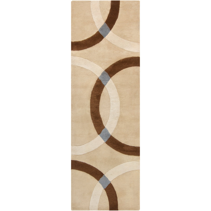 Bense Garza Wool Geometric Hand Tufted Brown & Cream Circles With Blue Accent On Beige Area Rug, Runner 2'6" x 7'6"