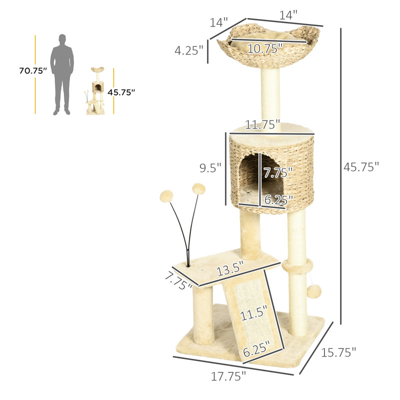 Aire de jeu 45 po pour chat - avec poteaux à griffer, rampe, plateformes, lit beige