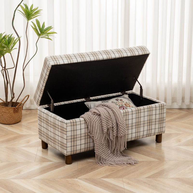 Calletana Upholstered Flip Top Storage Bench, Sand/Plaid