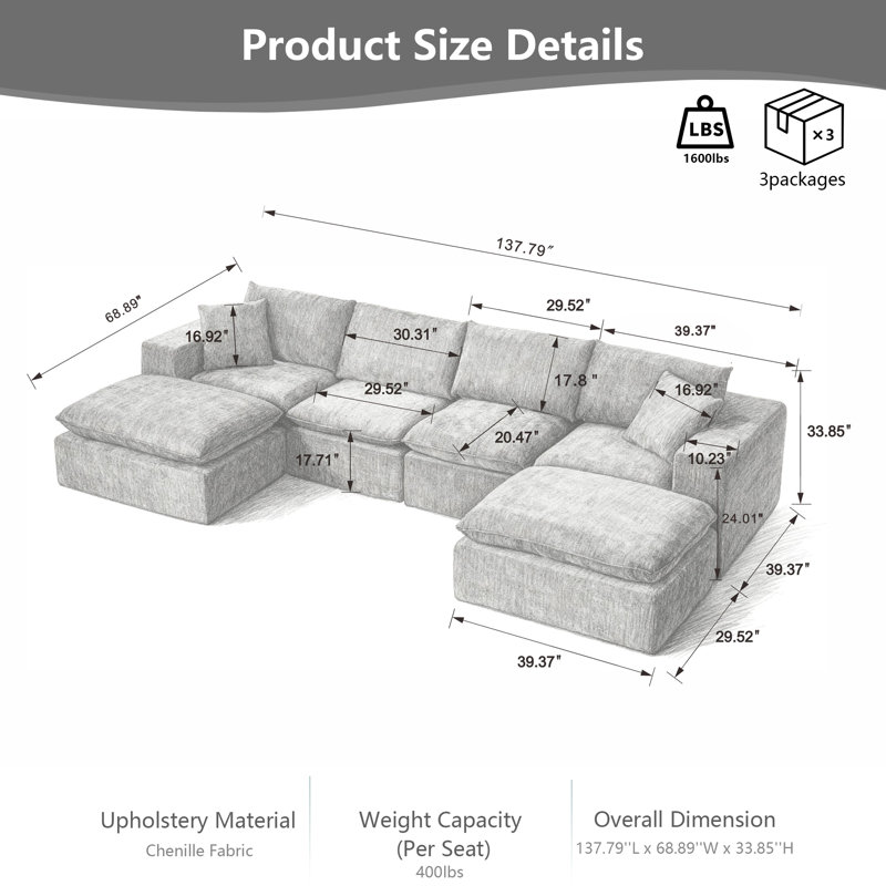 Canapé modulaire en U modulaire avec 2 repose-pieds, ensemble de canapés en chenille moderne, canapé à assise profonde librement combinable pour le mobilier de salon, d'appartement et de bureau