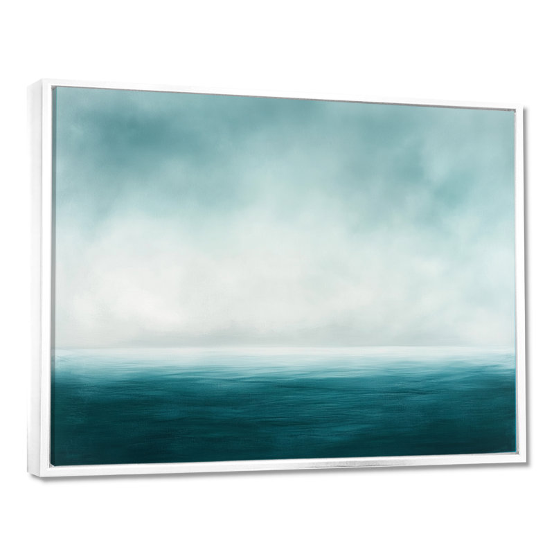«Teal Sky Horizon I», art mural bleu nature, H 16 po x l 32 po, Cadre flottant blanc