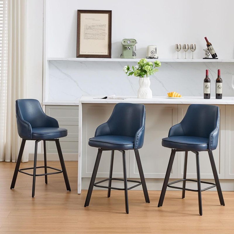 Tabouret de comptoir pivotant rembourré en cuir avec dossier haut (ensemble de 3), Bleu, 3