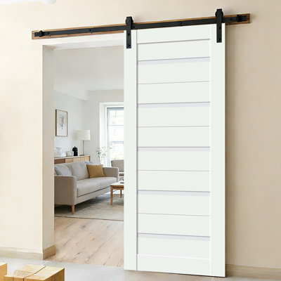 Noyau de bois massif préfini blanc, porte de grange en verre avec trousse de quincaillerie de porte de grange de 6,6 pi, porte intérieure, porte de grange finie, porte intérieure blanche, porte coulissante intérieure, verre exclusif Milky 28 po x 80 po, modèle 5G02 avec porte de grange de 78 po Ensemble de quincaillerie