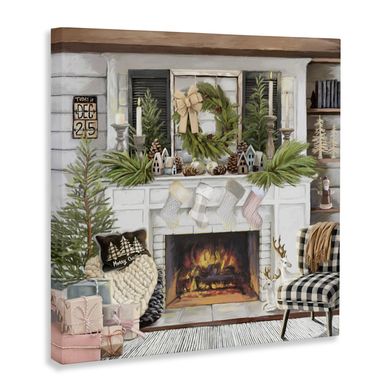 Toile Cozy Fireplace Holiday, design par Nicky Boehme, H 17 po x l 17 po