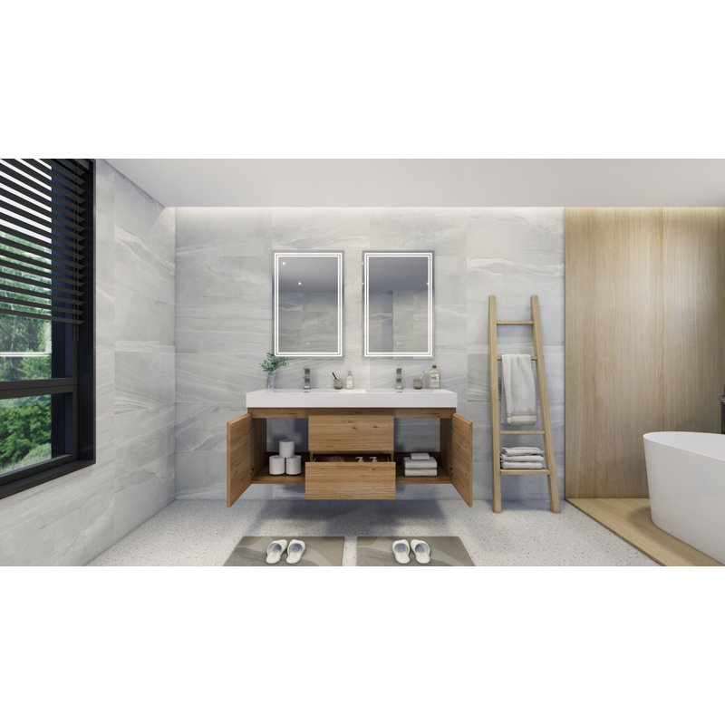 Ensemble de meuble-lavabo double mural de 59 po Mitul, Chêne naturel