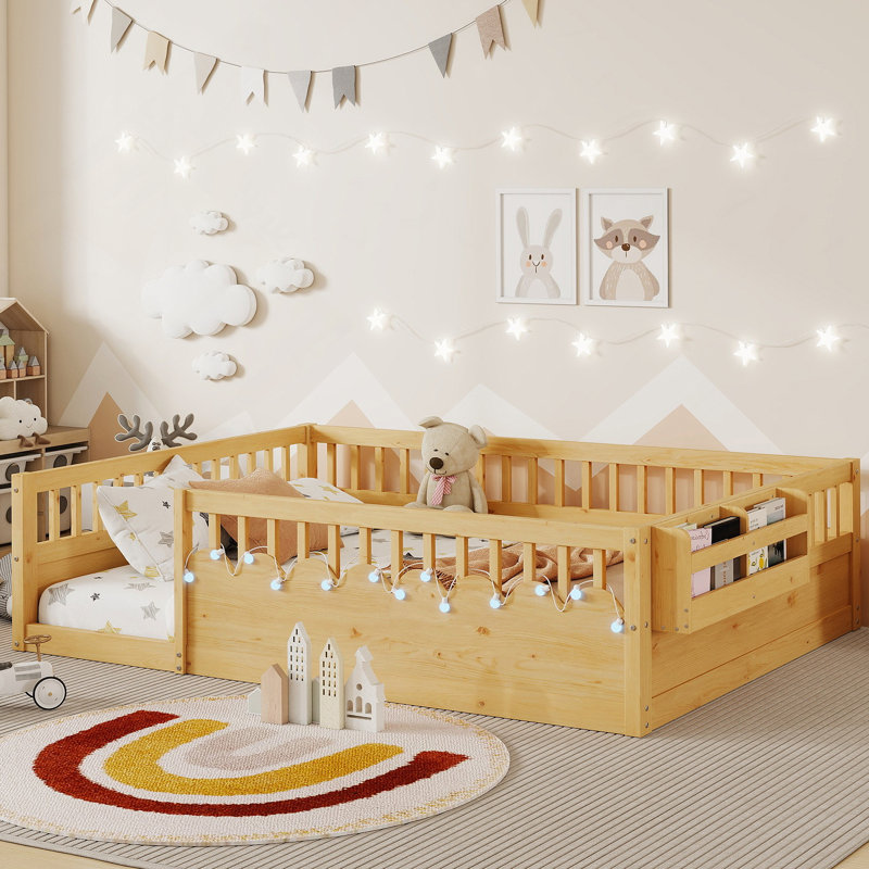 Montessori Floor Bed Frame With High Rails, Wood Floor Beds With Light And Storage Shelf, Natural, Full