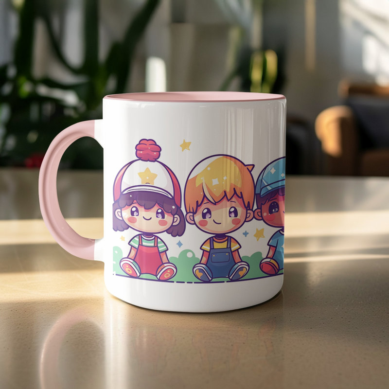 Kids Drawing Style 11oz Accent Mugs – Ceramic Coffee Cup with a Pink Handle and Interior