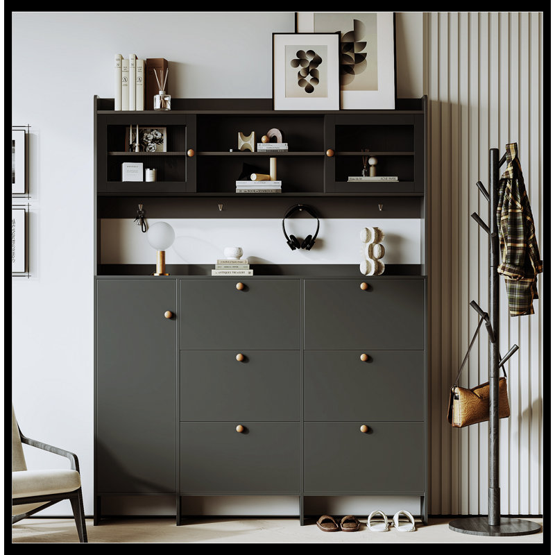 Hall Tree Multifunctional Tipping Bucket Shoe Cabinet with Storage Shelf & 6 Flip Drawers, Large Hall Tree with Tempered Glass Doors, Foyer Cabinet with 4 Hooks for Hallway
