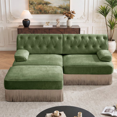 Canapé d'angle moderne en forme de L, respirant et confortable, style Chesterfield avec jupe à pompons, combinaison libre, facile à assembler, pour salon et chambre.