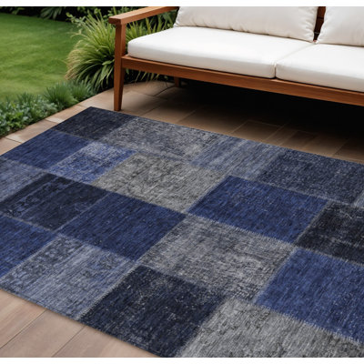 HomeRoots 8' X 10' Navy Blue And Denim Blue Patchwork Washable Indoor Outdoor Area Rug
