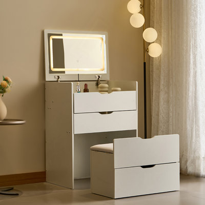 Bureau de meuble-lavabo 3 en 1 avec miroir et lumières, petit ensemble de bureau de meuble-lavabo avec plateau en verre visible, 3 tiroirs, banc de rangement, miroir d'éclairage 3 couleurs, convient au petit bureau de meuble-lavabo