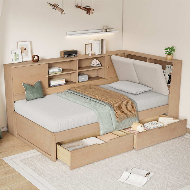 Wooden  L-Shaped Daybed Corner Bed Under-Bed Drawers  With Storage Bookcase And Upholstered Headboard And USB Charging Ports For Limited Space