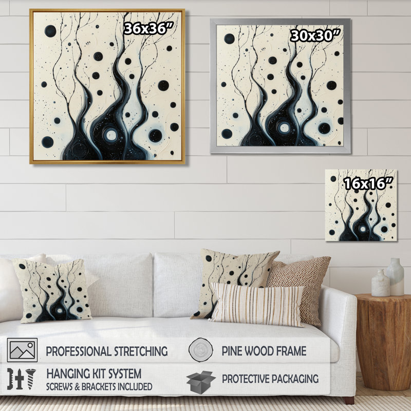 «Black and White Sprial», art mural encre rythmique, Impression encadrée flottante, Brun, H 16 po x l 16 po
