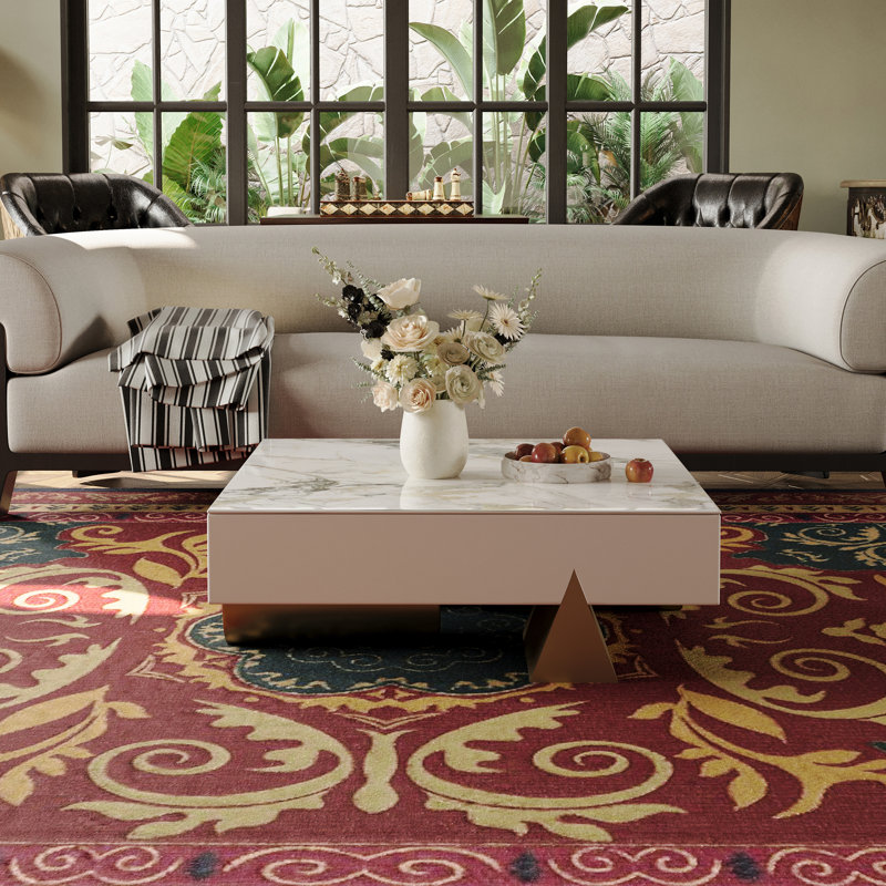 39" Square Modern Metal and Stone Coffee Table with Geometric Legs, Luxury Contemporary Design