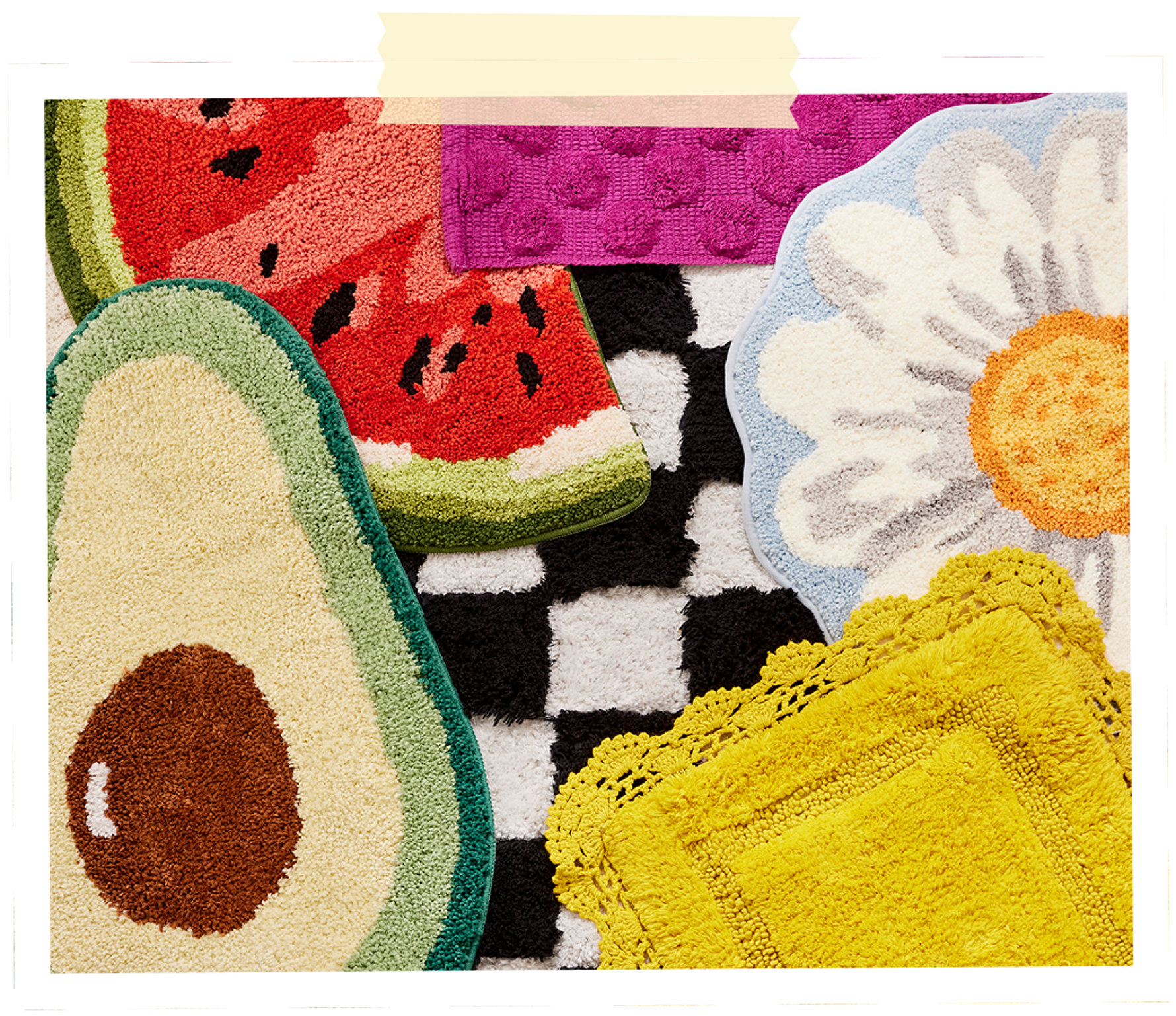 Colorful novelty bath mats featuring avocado, watermelon slice, daisy flower, checkered, and scalloped patterns.