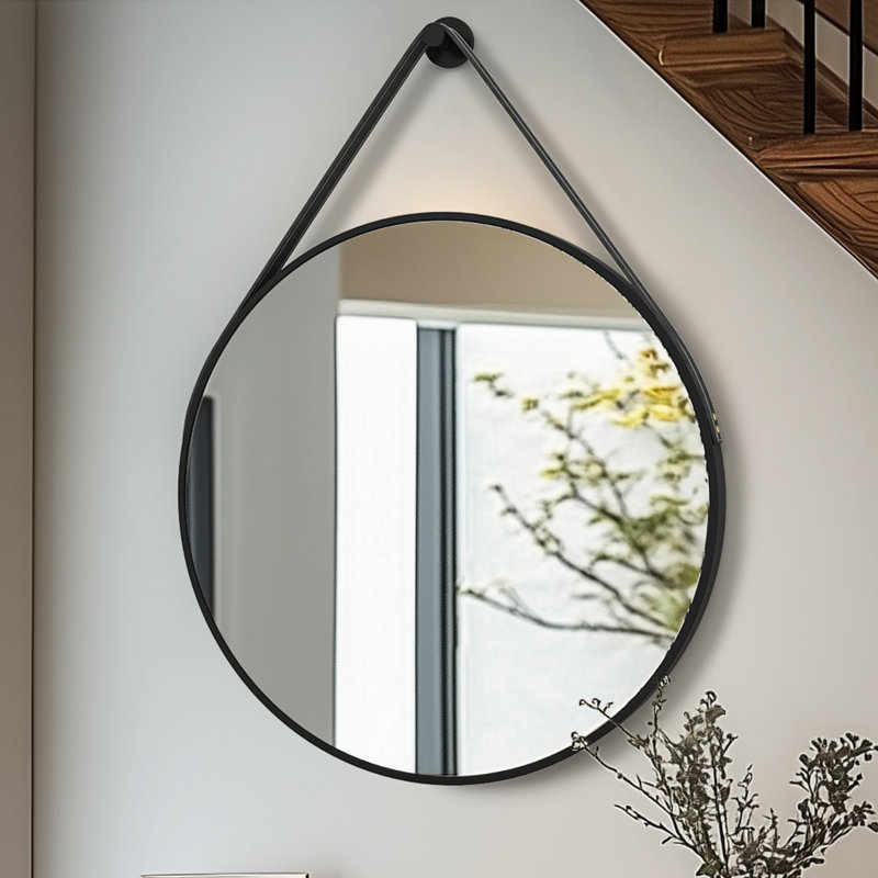 32'' Round Coastal Wall Mirror Brushed Black Aluminum Frame, 31.5" x 31.5", Black