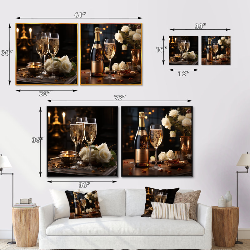 Classic Elegance II - Ensemble de 2 collages carrés vin et champagne, H 30 po x l 61 po, Toile tendue