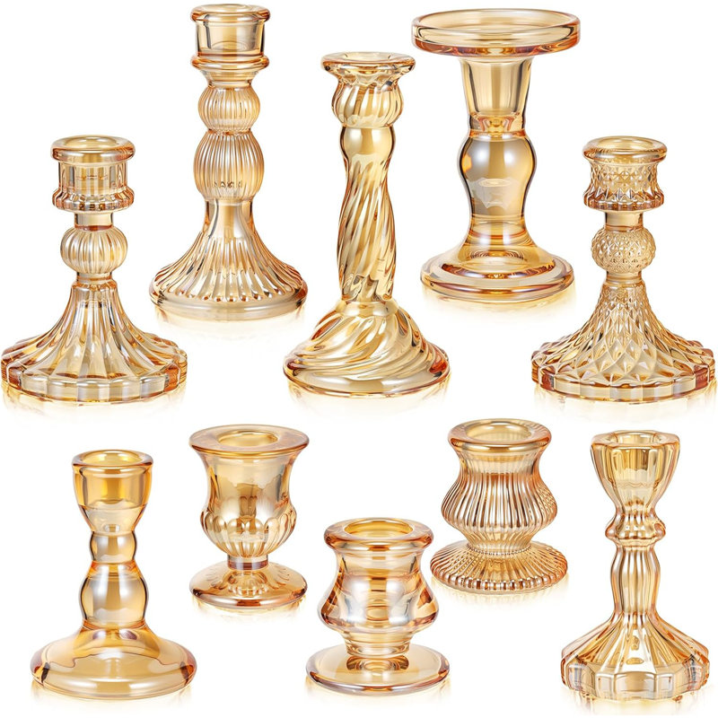 10 Pcs Gold Glass Crystal Taper Candle Holders