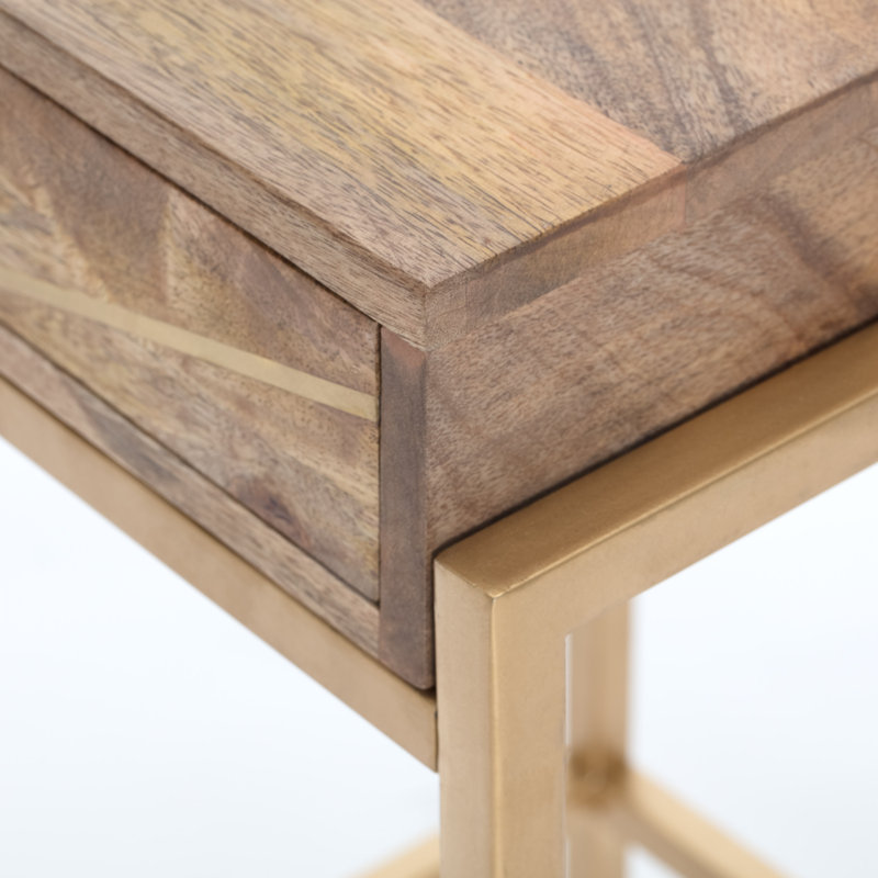 Sidney Beige Mango Wood and Gold Metal Storage Side Table