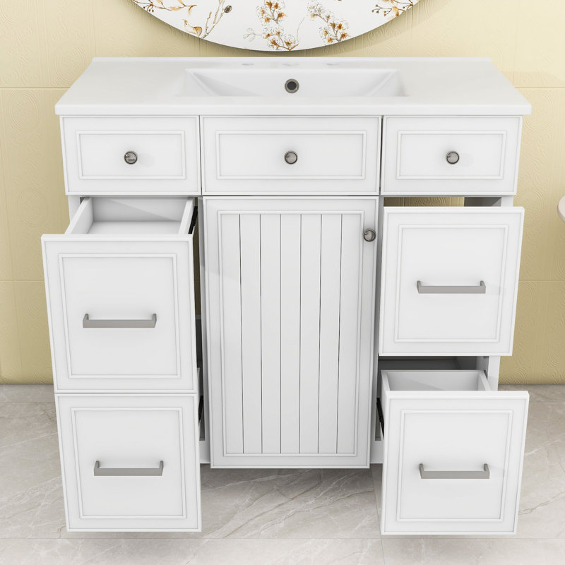 Meuble-lavabo chic 36 po avec comptoir en céramique, armoire à fermeture douce et 3 tiroirs, Blanc