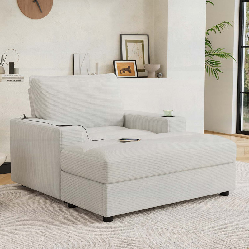 Chaise longue avec repose-pieds avec rangement, canapé-lit avec porte-gobelets et port de chargement USB, Beige