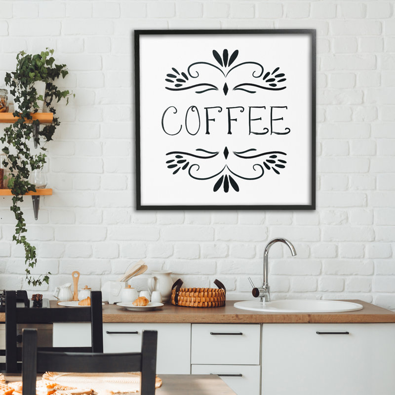 «Coffee with Floral Emblems», estampe numérique, conception de Lucille Price, H 24 po x l 24 po, Giclée encadrée noir minuit