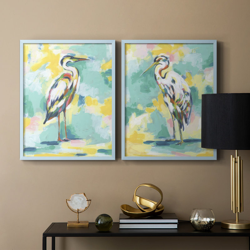 Impression encadrée Bright Heron Fresco I-Premium - prête à être accrochée - aucun clou requis - aucun clou requis, Bleu