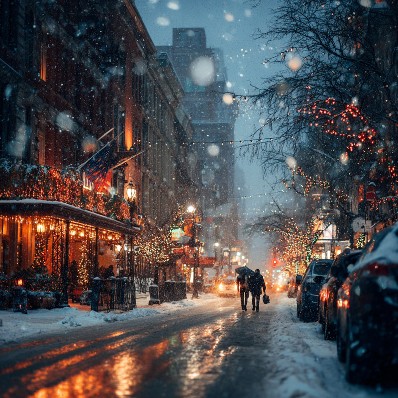 «Snowy City Evening Walk», art mural sur toile tendue, 30 po x 30 po