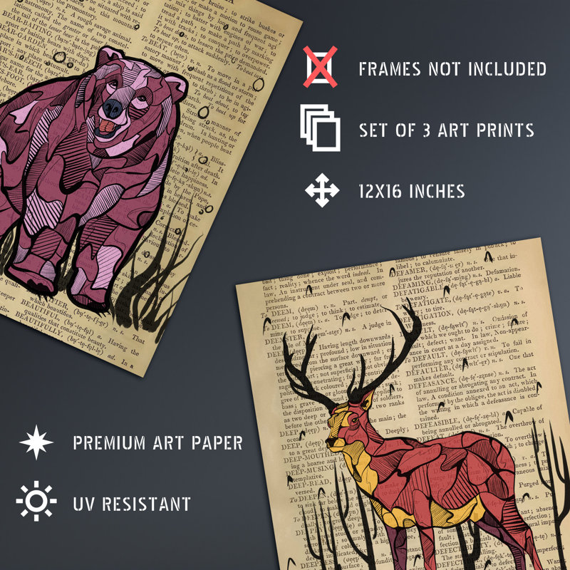 Malakhi Upcycle Dictionary Page Animals Fox Bear Stag Deer - 3 Piece No Frame Print, 40.5" H x 30.5" W x 0.3" D