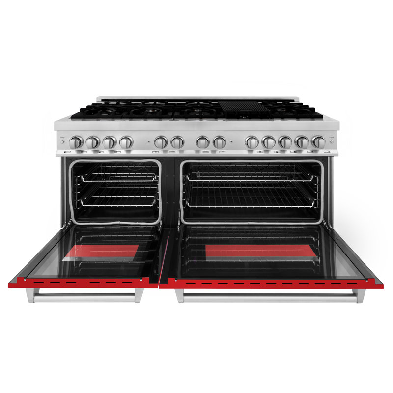 ZLINE 60 In. 7.4 Cu. Ft. Legacy Dual Fuel Range with Gas Cooktop 2 Electric Convection Ovens, Red Matte Stainless Steel