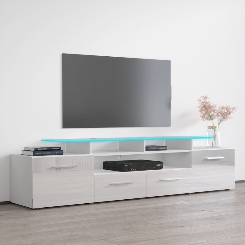 Aghancrossy 76.3" Modern TV Stand with LED Lighting, High Gloss Finish, Media Storage, White