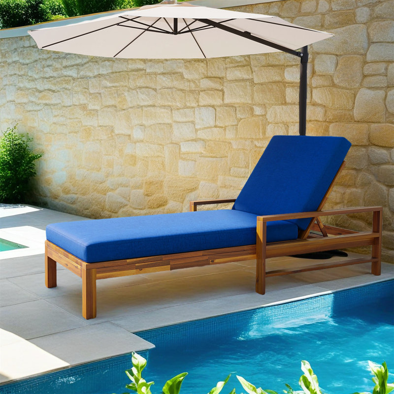 Premium Acacia Wood Adjustable Backrest Outdoor Lounge Chair – Perfect For Gardens, Terraces, And Poolside Relaxation, Blue