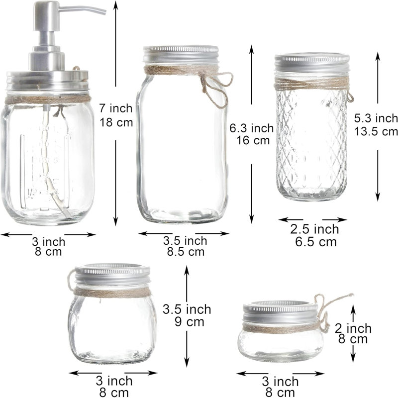 Ensemble de 6 accessoires de salle de bain en verre, accessoires de salle de bain en pot Mason transparent, pots d'apothicaire, porte-brosse à dents, distributeur de pompe à savon en lotion
