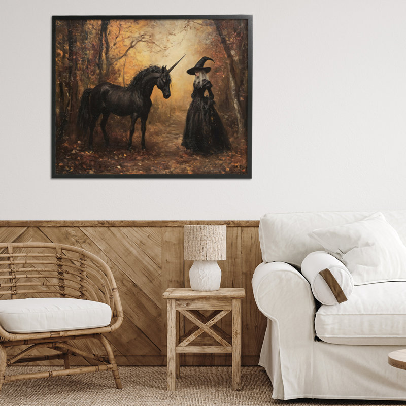 Sorcière et licorne noire, estampe numérique, design par Arlington Prints, H 24 po x l 30 po, Giclée encadrée noir minuit