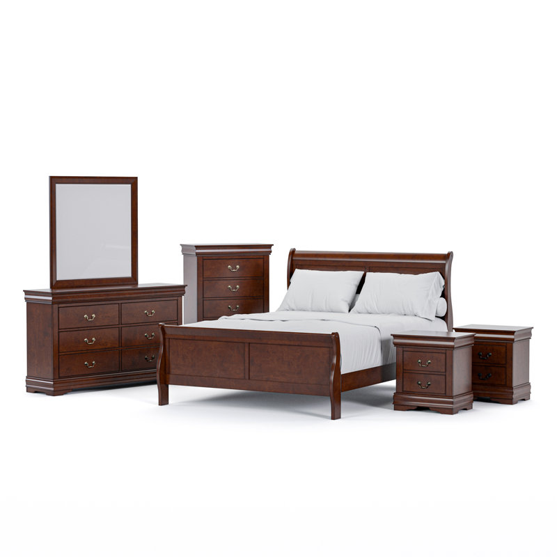 Ensemble de chambre à coucher Extula, Cerisier, Grand, Six articles : lit, deux tables de chevet, deux c