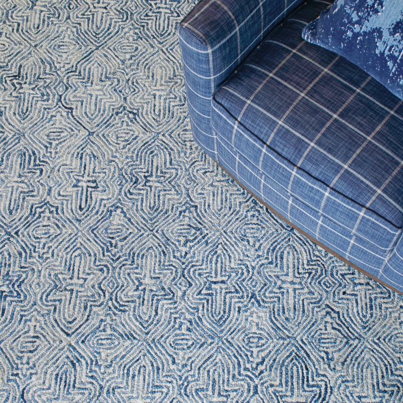 Barranco Hand Tufted Wool Blue/White Area Rug, Rectangle 5'6" x 8'6"