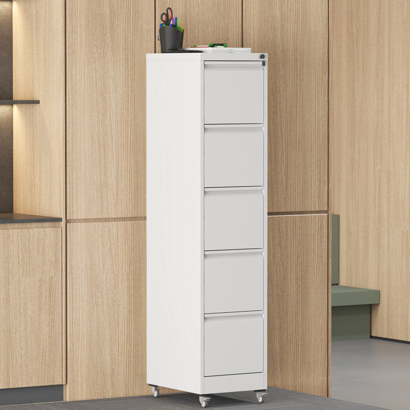 5 Drawer Metal Vertical File Cabinet On Wheels For Office Use, Storage A4/letter/legal Size Files, White, 17.71"d*14.98"w*63.48"h, - Tipping Feature, Easy To Move Design, Mobility