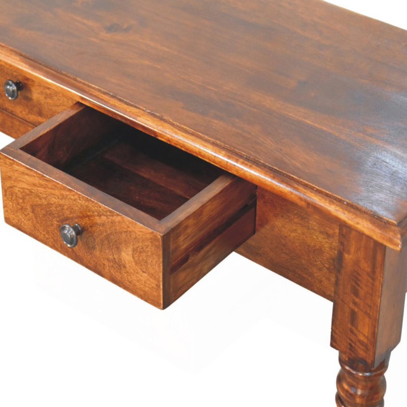 Console en bois massif, pieds tournés, 3 tiroirs, châtaignier, brun