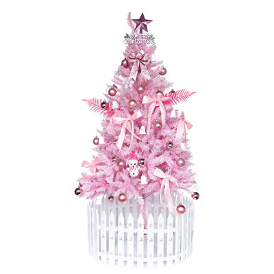 6 Ft Pink PVC Flame Resistant Slim Pencil Artificial Christmas Tree With Color Changing LED Lights Complete Decor Accessory Pack Foldable Crossed Metal Base For Small Space Indoor Holiday Multi Occasion Decoration