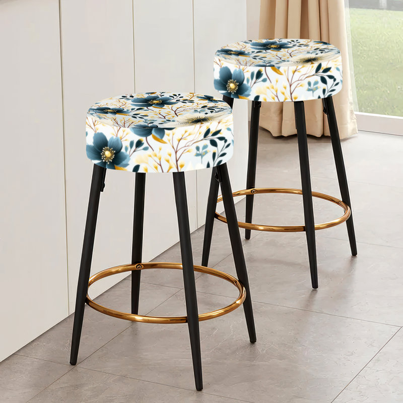 Ensemble de 2 tabourets de bar à motif floral bleu et ivoire