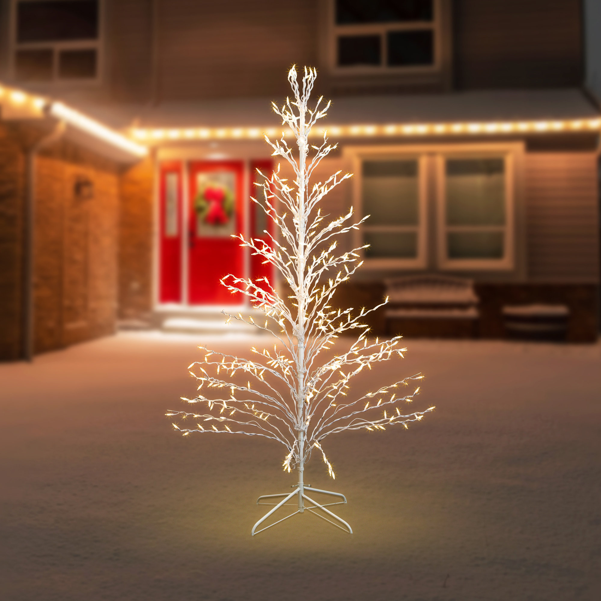 White Lighted Christmas Cascade Twig Tree Outdoor Decoration - Clear Lights, 6' H