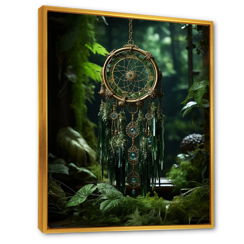 Oasis d'attrape-rêves noir et vert sur toile, H 40 po x l 30 po x P 1,5 po, Cadre flottant doré