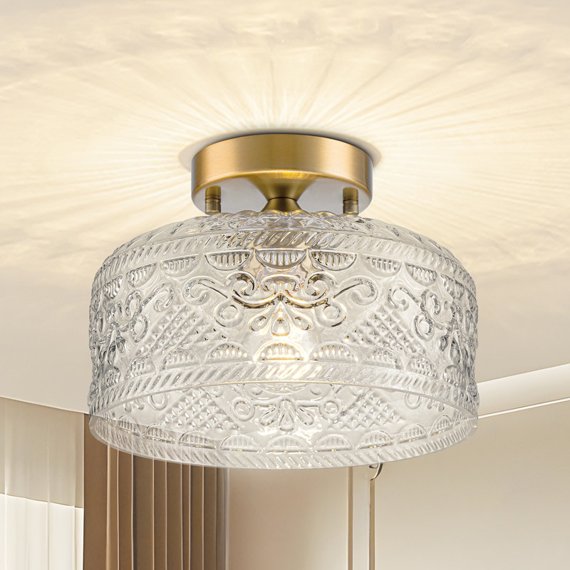 Vintage 1-Light Semi-Flush Ceiling Light In Gold With Embossed Floral Glass Shade, Perfect For Hallway Or Bedroom